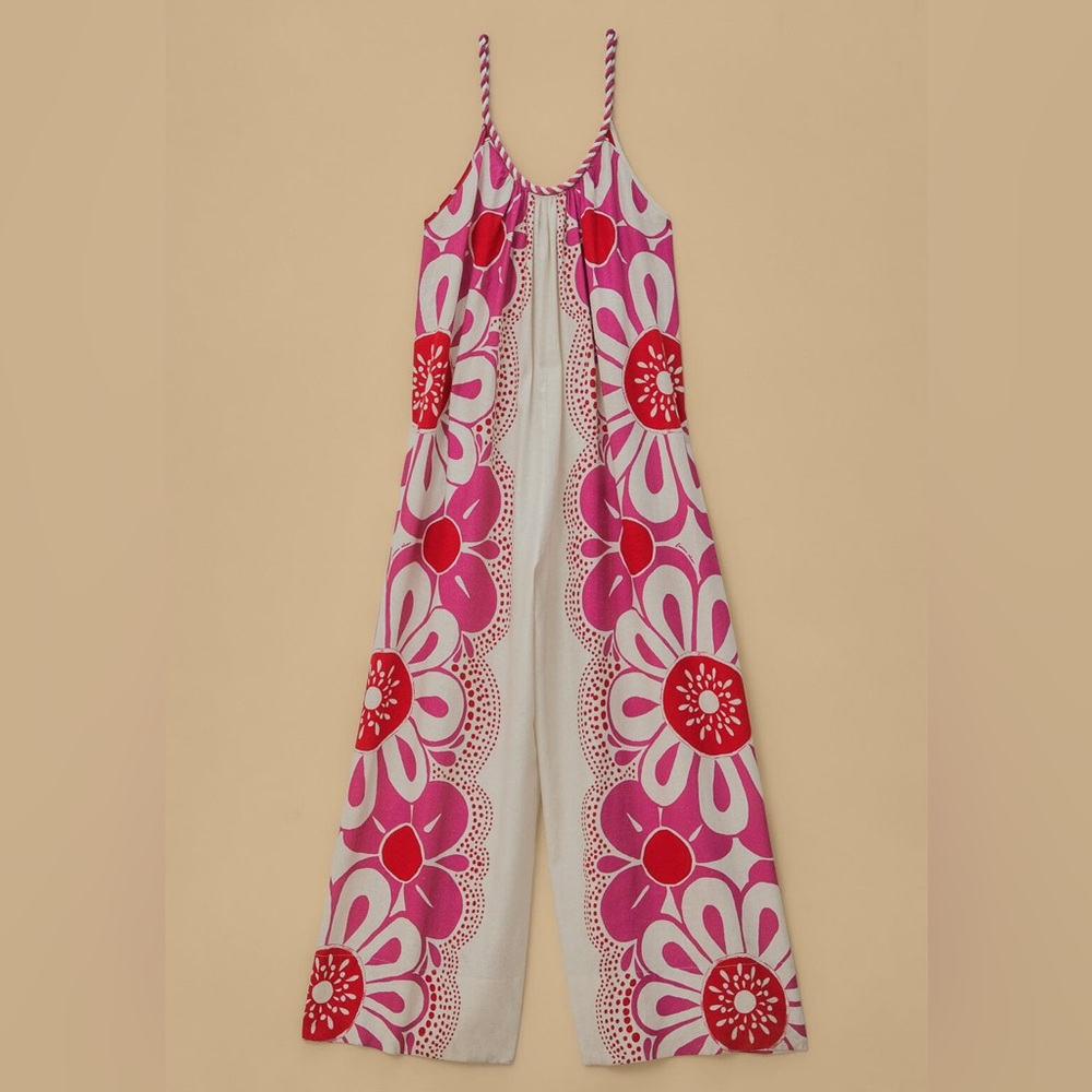 Farm Rio Off-White Maia Pink Floral Linen Blend Wide Leg Scoop Neck Jumpsuit - Picture 5 of 11